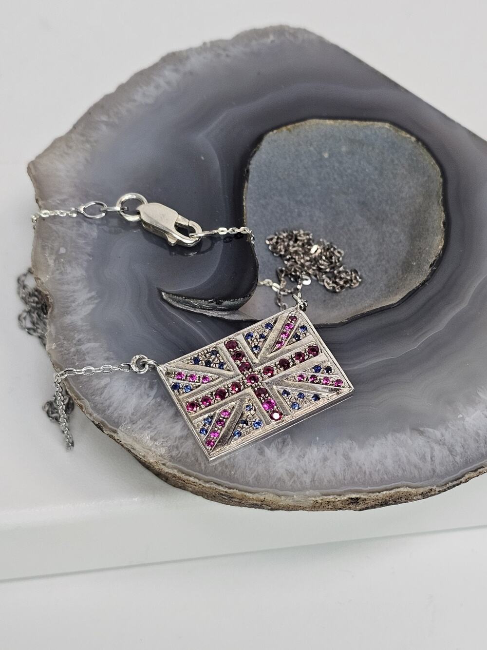 925 Sterling Silver Necklace - British Flag - Natural Rubies & Sapphires - 20"
